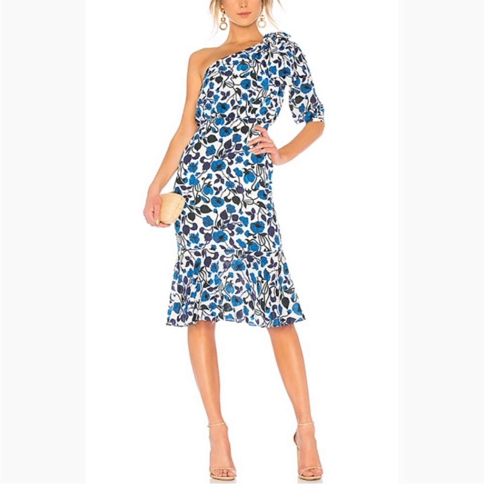 Saloni Blue And White One-Shoulder Floral Midi Dress